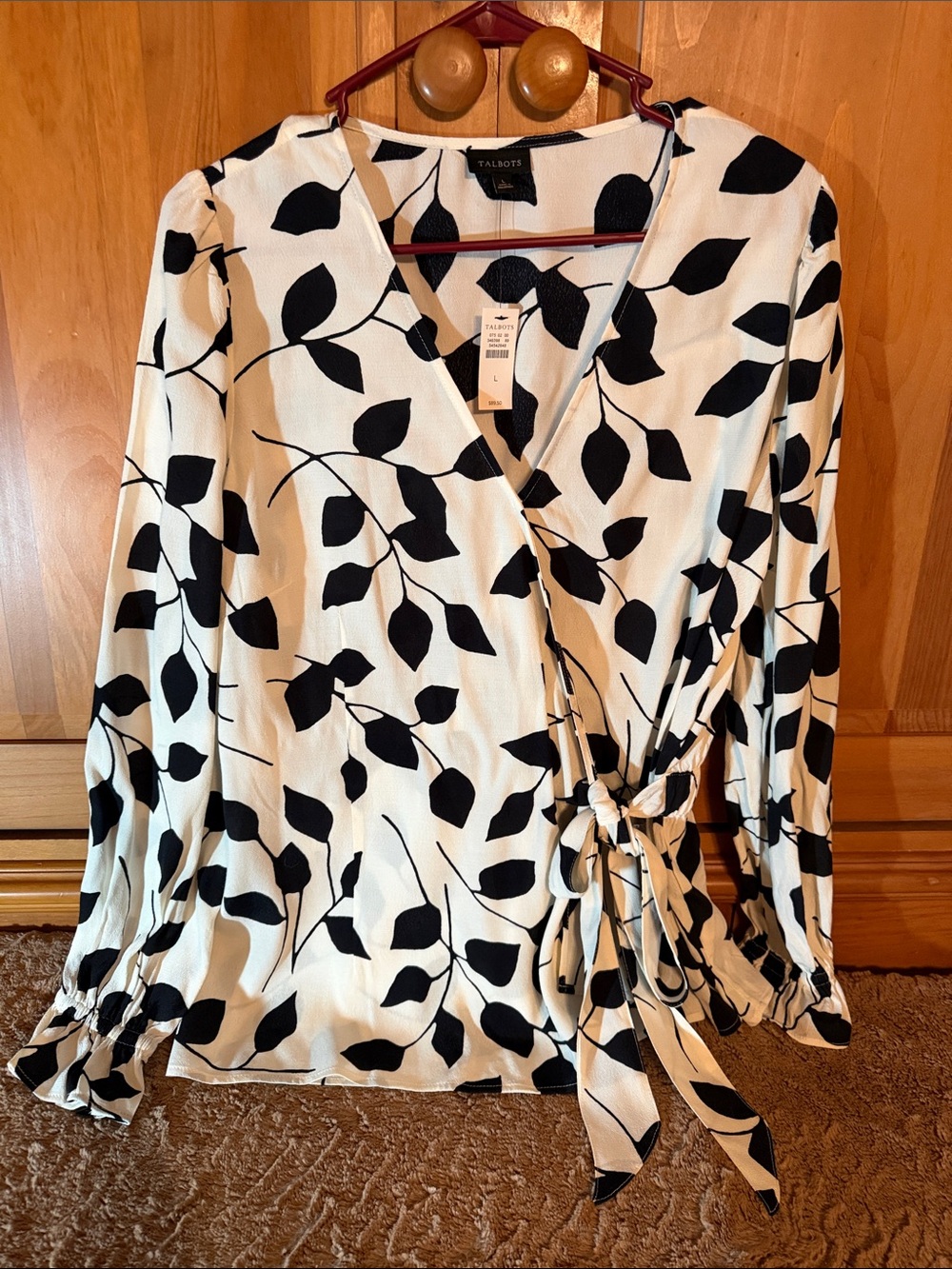 Talbots Black and Light Cream Leaf-Print Wrap Blouse - Large